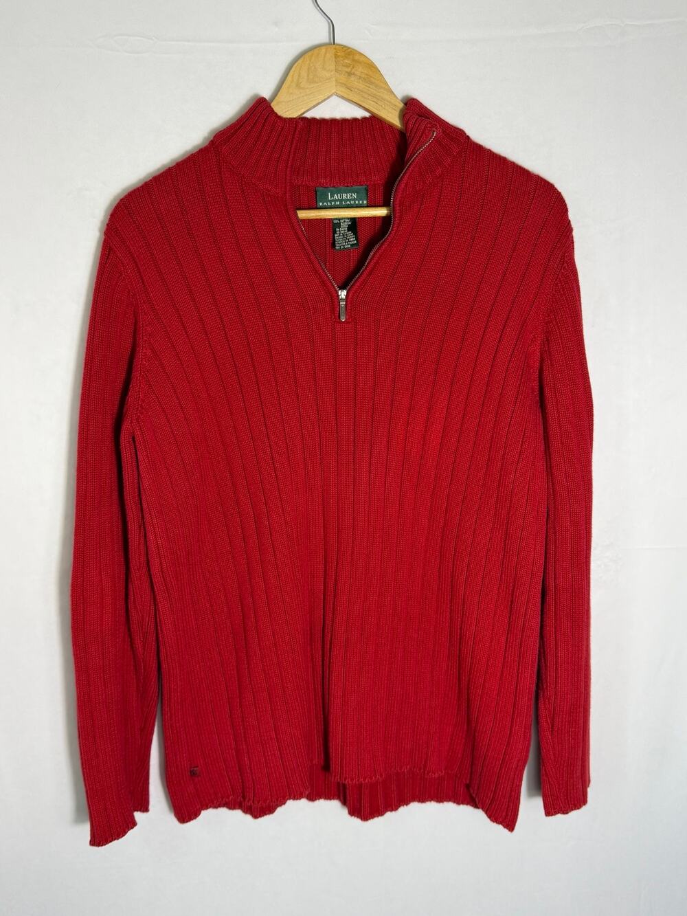 Lauren Ralph Lauren Red 1/4 Zip Ribbed Cotton Sweater Mock Neck Pullover